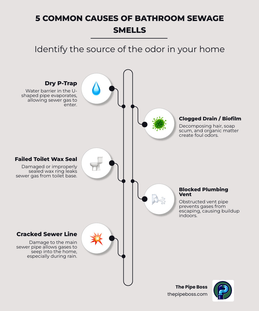 Infographic showing the 5 most common causes of bathroom sewage smells: dry P-trap, clogged drain with biofilm, failed toilet wax seal, blocked plumbing vent, and cracked sewer line - why does my bathroom smell like sewage infographic infographic-line-5-steps-elegant_beige