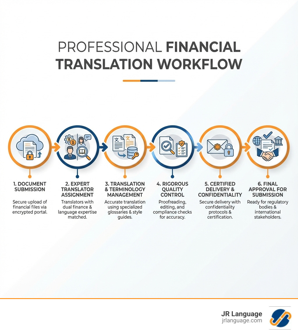 infographic showing the workflow of professional financial translation services: document submission, expert translator assignment with dual finance and language expertise, translation with terminology management, rigorous quality control including proofreading and compliance checks, certified delivery with confidentiality protocols, and final approval for submission to regulatory bodies or international stakeholders - financial translation services infographic infographic showing the workflow of professional financial translation services: document submission, expert translator assignment with dual finance and language expertise, translation with terminology management, rigorous quality control including proofreading and compliance checks, certified delivery with confidentiality protocols, and final approval for submission to regulatory bodies or international stakeholders - financial translation services infographic