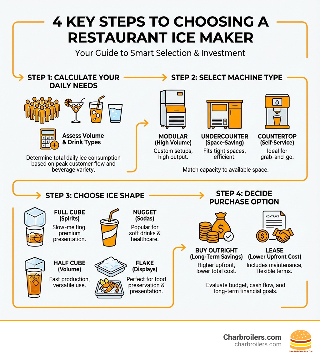 infographic showing 4 key steps to choosing an ice maker: Step 1 - Calculate your daily ice needs based on customer volume and drink types; Step 2 - Select machine type (modular for high volume, undercounter for space-saving, countertop for self-service); Step 3 - Choose ice shape (full cubes for spirits, half cubes for volume, nugget for sodas, flake for displays); Step 4 - Decide purchase option (buy outright for long-term savings or lease for lower upfront cost with maintenance included) - restaurant ice makers for sale infographic 