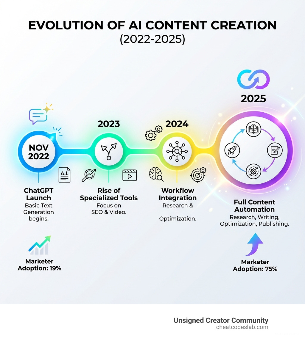 infographic showing the evolution of AI content creation from 2022 to 2025, displaying key milestones including ChatGPT's launch in November 2022, the rise of specialized tools for SEO and video, adoption rates climbing from 19% to 75% of marketers, and the shift from basic text generation to full content automation workflows including research, writing, optimization, and publishing - ai content creation tools infographic 