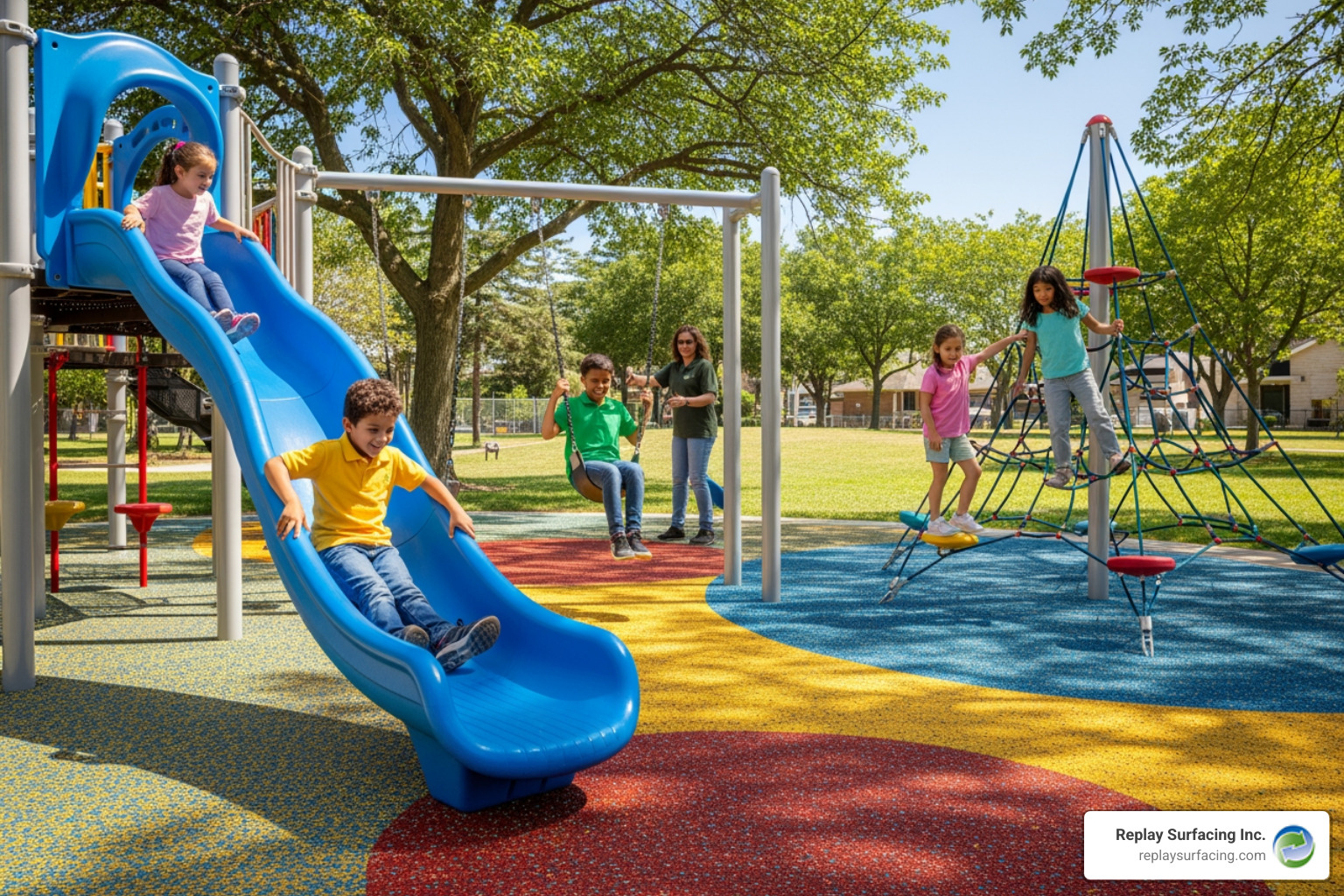 Playground in Raleigh, NC, with children playing safely on rubber surfacing - eco safety rubber playground surfacing Playground in Raleigh, NC, with children playing safely on rubber surfacing - eco safety rubber playground surfacing