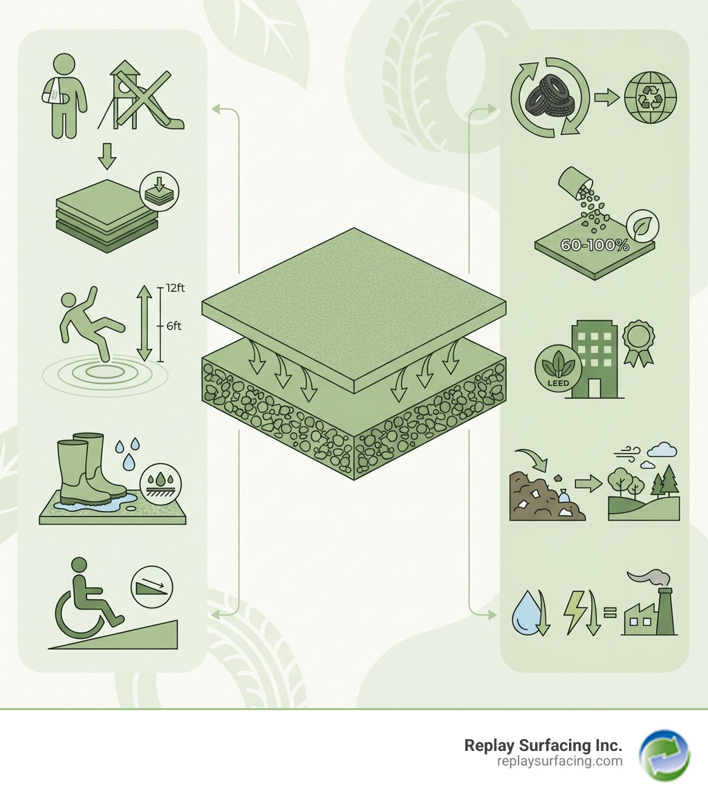 Infographic showing the dual benefits of eco safety rubber playground surfacing: On the left, safety statistics including 200,000 annual playground ER visits, cushioning for falls up to 6-12 feet, slip-resistant traction in wet conditions, and ADA wheelchair accessibility. On the right, environmental benefits including 290 million scrap tires recycled annually, 60-100% post-consumer recycled content, LEED certification eligibility, reduced landfill waste, and lower water and energy use compared to virgin rubber production. Center shows a cross-section of the two-layer system with shock-absorbing base and durable wear layer. - eco safety rubber playground surfacing infographic Infographic showing the dual benefits of eco safety rubber playground surfacing: On the left, safety statistics including 200,000 annual playground ER visits, cushioning for falls up to 6-12 feet, slip-resistant traction in wet conditions, and ADA wheelchair accessibility. On the right, environmental benefits including 290 million scrap tires recycled annually, 60-100% post-consumer recycled content, LEED certification eligibility, reduced landfill waste, and lower water and energy use compared to virgin rubber production. Center shows a cross-section of the two-layer system with shock-absorbing base and durable wear layer. - eco safety rubber playground surfacing infographic