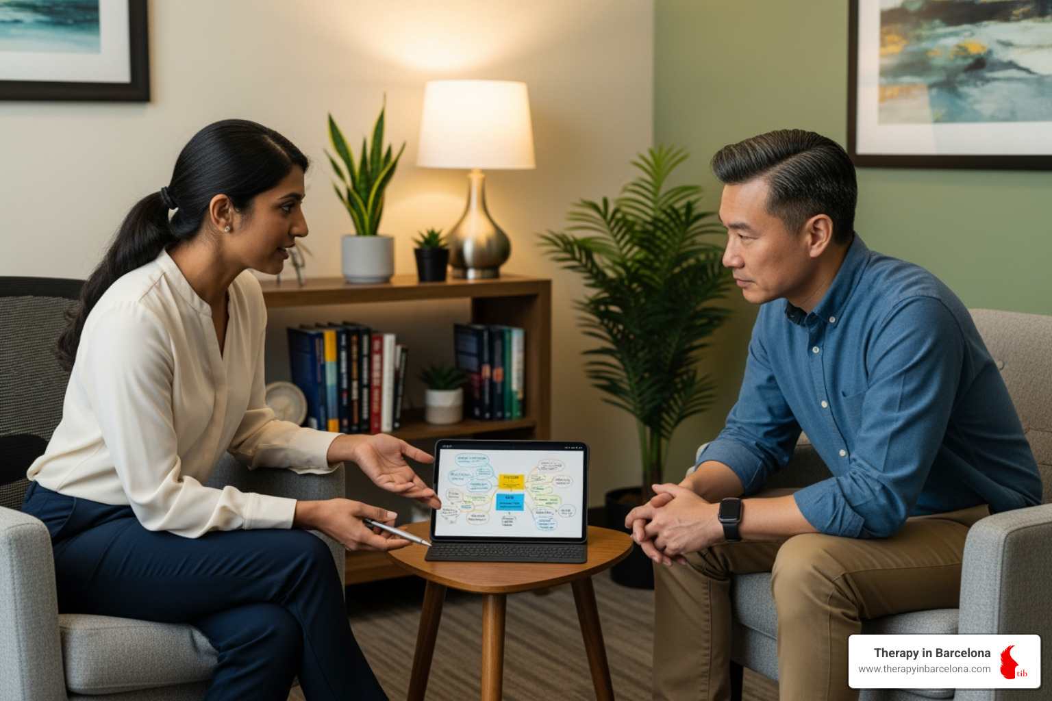A therapist and client seated comfortably, both looking at a tablet displaying notes and diagrams, engaged in a collaborative discussion - Cultural adaptation therapy