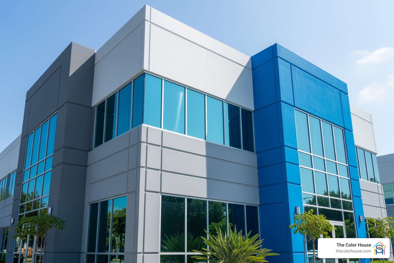of a freshly painted exterior of a commercial office building - industrial commercial coatings painting contractors