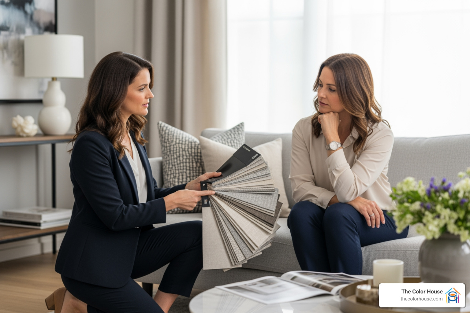 designer showing fabric swatches for draperies to a client - Paint store Westerly RI designer showing fabric swatches for draperies to a client - Paint store Westerly RI