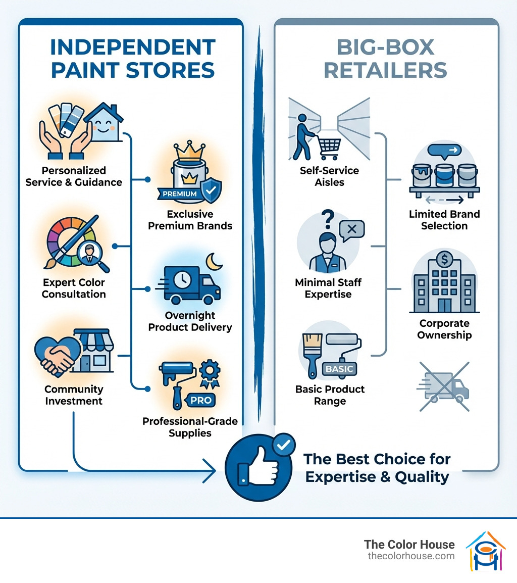infographic showing comparison between independent paint stores and big-box retailers including personalized service, exclusive premium brands, expert color consultation, overnight product delivery, community investment, and professional-grade supplies versus self-service aisles, limited brand selection, minimal staff expertise, corporate ownership, and basic product range - independent paint stores near me infographic infographic showing comparison between independent paint stores and big-box retailers including personalized service, exclusive premium brands, expert color consultation, overnight product delivery, community investment, and professional-grade supplies versus self-service aisles, limited brand selection, minimal staff expertise, corporate ownership, and basic product range - independent paint stores near me infographic