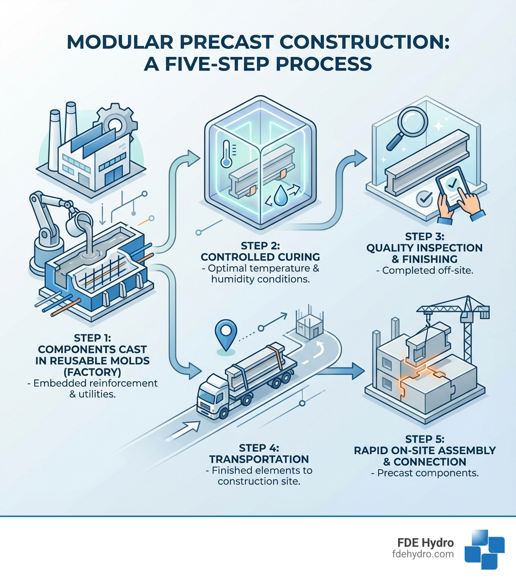 Infographic showing the modular precast process: Step 1 - Components cast in reusable molds at factory facility with embedded reinforcement and utilities; Step 2 - Controlled curing in optimal temperature and humidity conditions; Step 3 - Quality inspection and finishing work completed off-site; Step 4 - Transportation of finished elements to construction site; Step 5 - Rapid on-site assembly and connection of precast components - modular precast infographic Infographic showing the modular precast process: Step 1 - Components cast in reusable molds at factory facility with embedded reinforcement and utilities; Step 2 - Controlled curing in optimal temperature and humidity conditions; Step 3 - Quality inspection and finishing work completed off-site; Step 4 - Transportation of finished elements to construction site; Step 5 - Rapid on-site assembly and connection of precast components - modular precast infographic