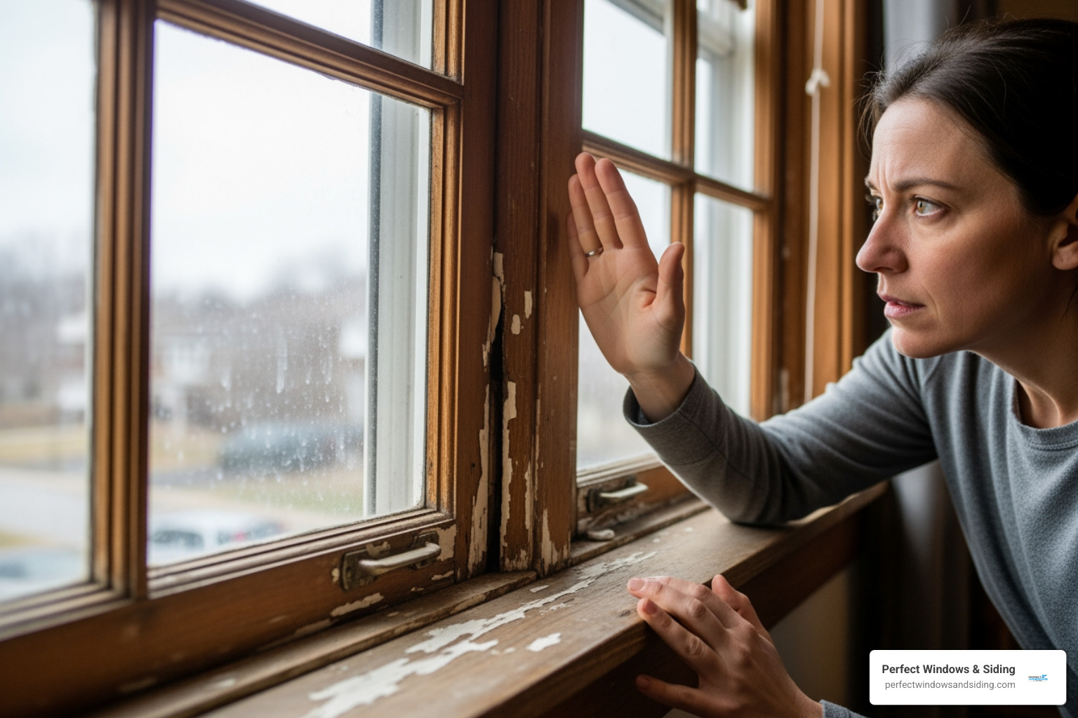 A homeowner inspecting a drafty, old window frame with a hand, looking concerned. - replacing windows in house A homeowner inspecting a drafty, old window frame with a hand, looking concerned. - replacing windows in house