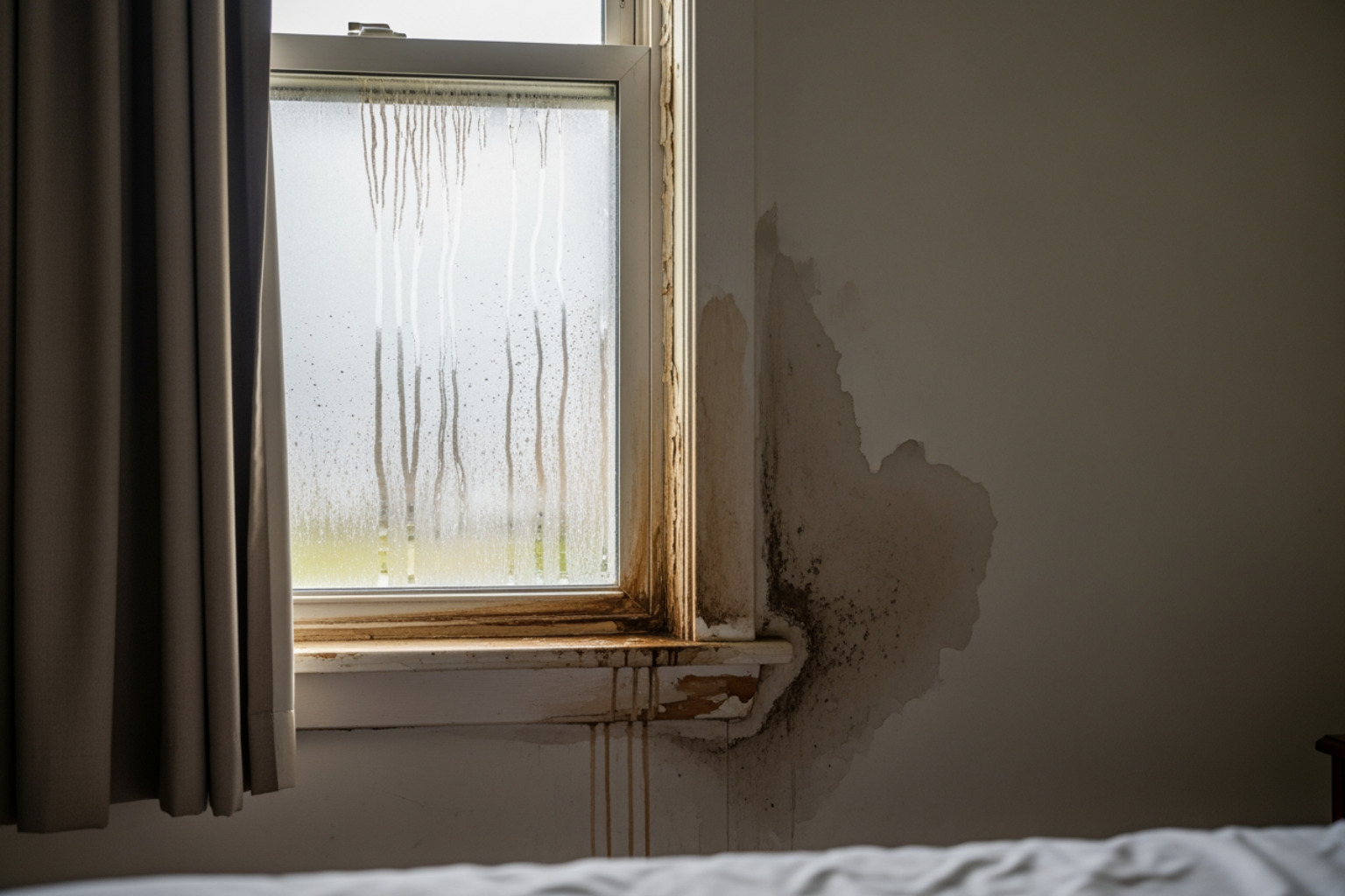 Common moisture sources like a leaky window or condensation on a wall - cause of musty smell in bedroom