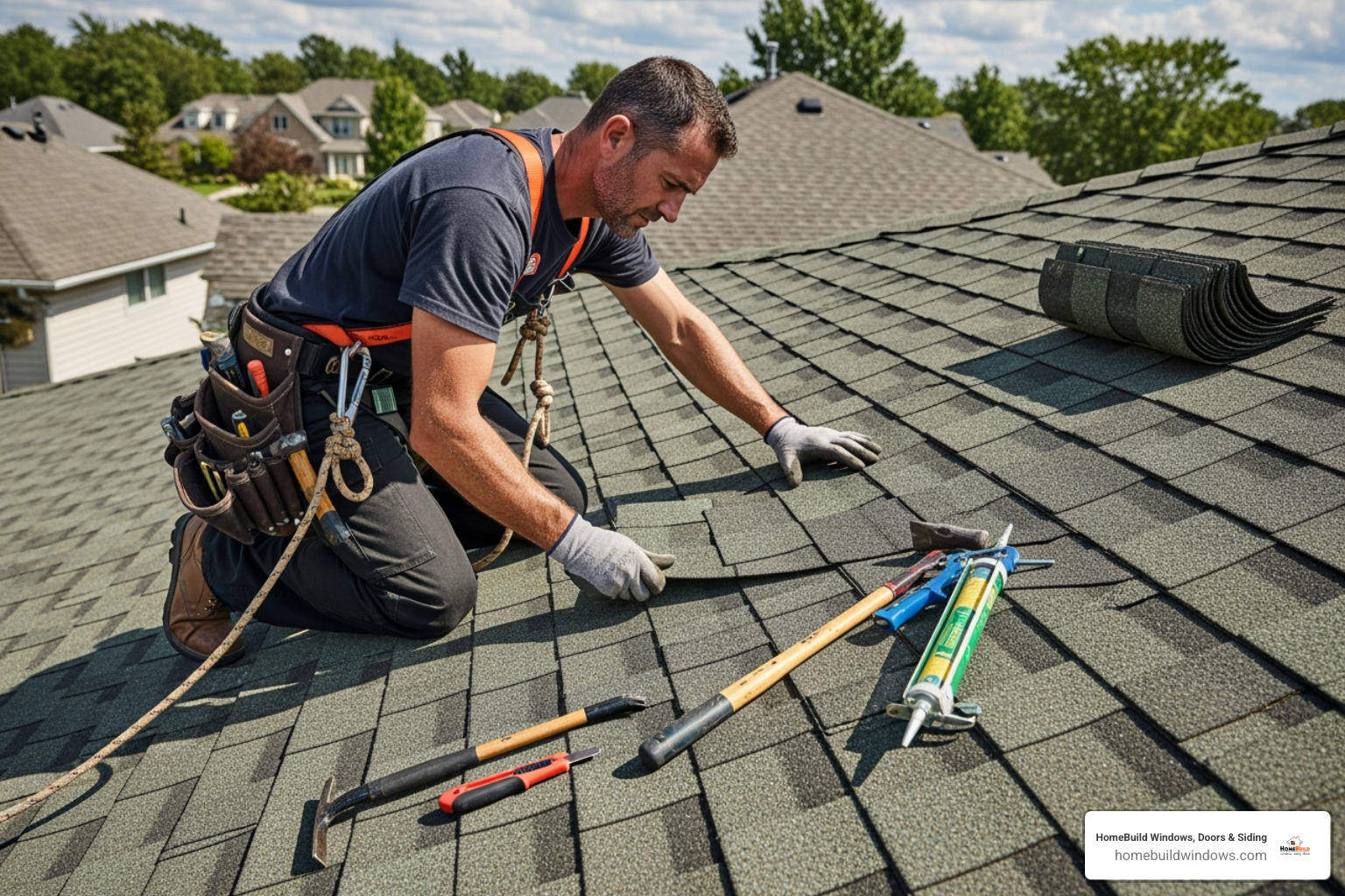 roofer inspecting damaged shingles - roof and guttering repairs near me