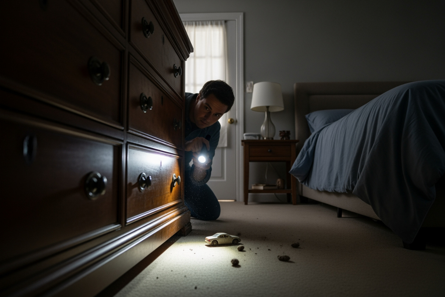 Person inspecting behind a piece of furniture with a flashlight - cause of musty smell in bedroom