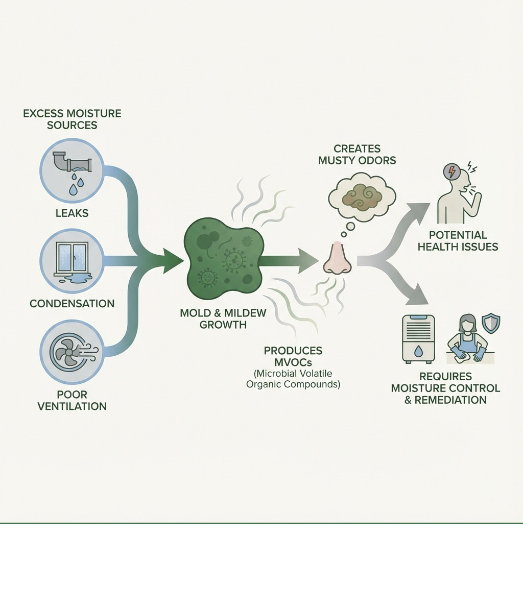 Infographic showing how excess moisture from sources like leaks, condensation, and poor ventilation leads to mold and mildew growth, which produces mvocs that create musty odors, potentially causing health issues and requiring moisture control and remediation - cause of musty smell in bedroom infographic