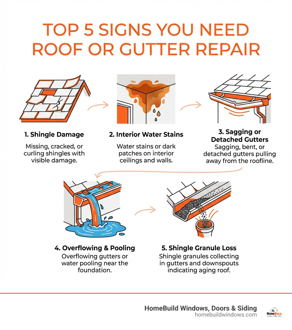 infographic showing the top 5 signs you need roof or gutter repair: 1) Missing, cracked, or curling shingles with visible damage, 2) Water stains or dark patches on interior ceilings and walls, 3) Sagging, bent, or detached gutters pulling away from the roofline, 4) Overflowing gutters or water pooling near the foundation, 5) Shingle granules collecting in gutters and downspouts indicating aging roof - roof and guttering repairs near me infographic 