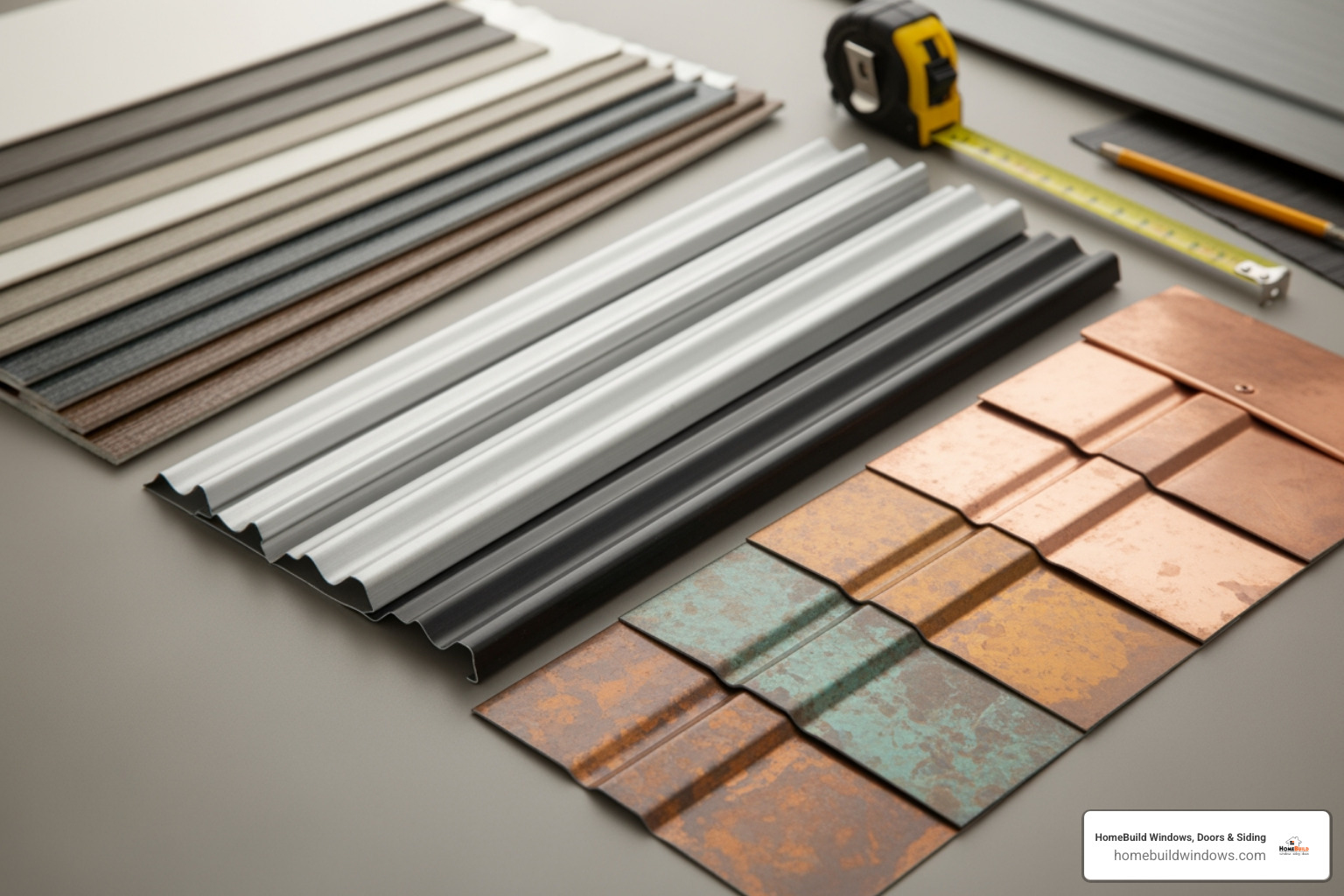 various material samples like vinyl, aluminum, and copper - fascia soffit and guttering replacement near me