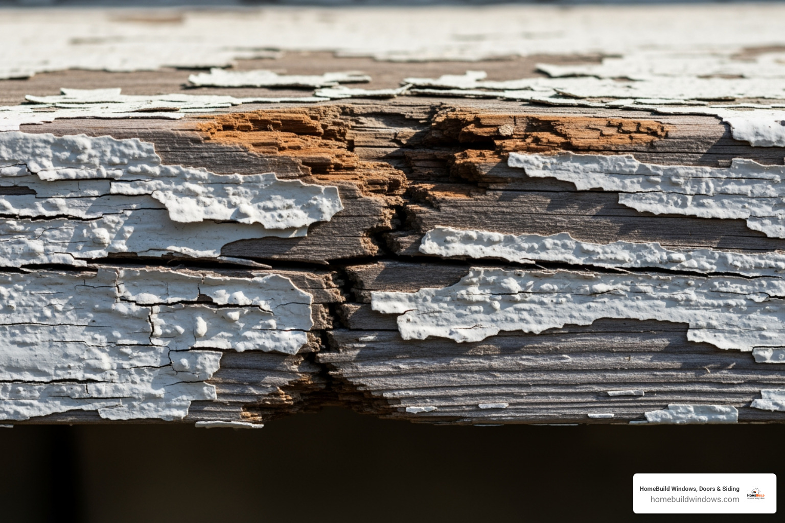 peeling paint and rot on a wooden fascia board - fascia soffit and guttering replacement near me