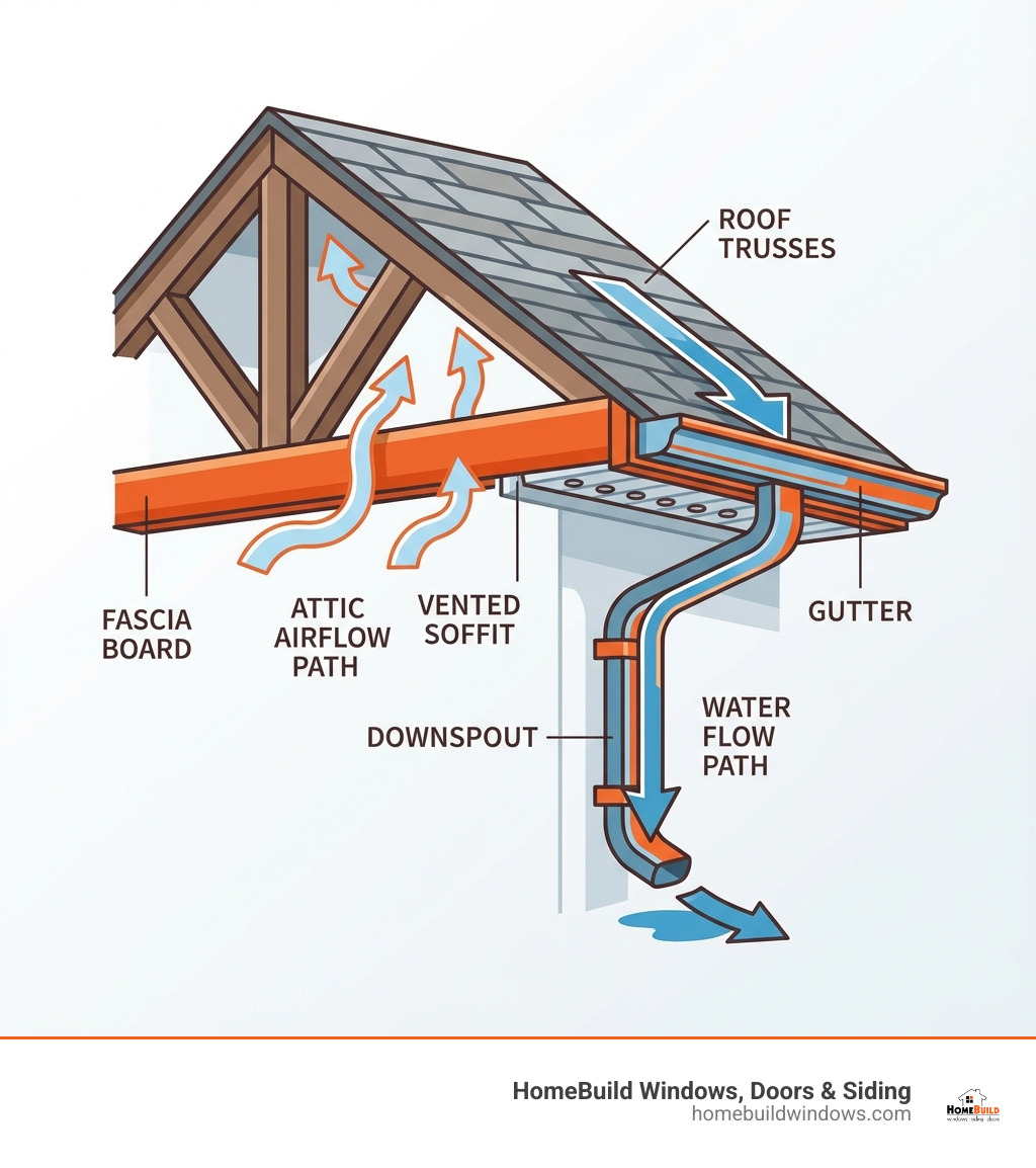 Detailed infographic showing a cross-section of a house roofline with labeled fascia board attached to roof trusses, vented soffit providing attic airflow, and gutters channeling water to downspouts, including arrows showing water flow and air circulation paths - fascia soffit and guttering replacement near me infographic 