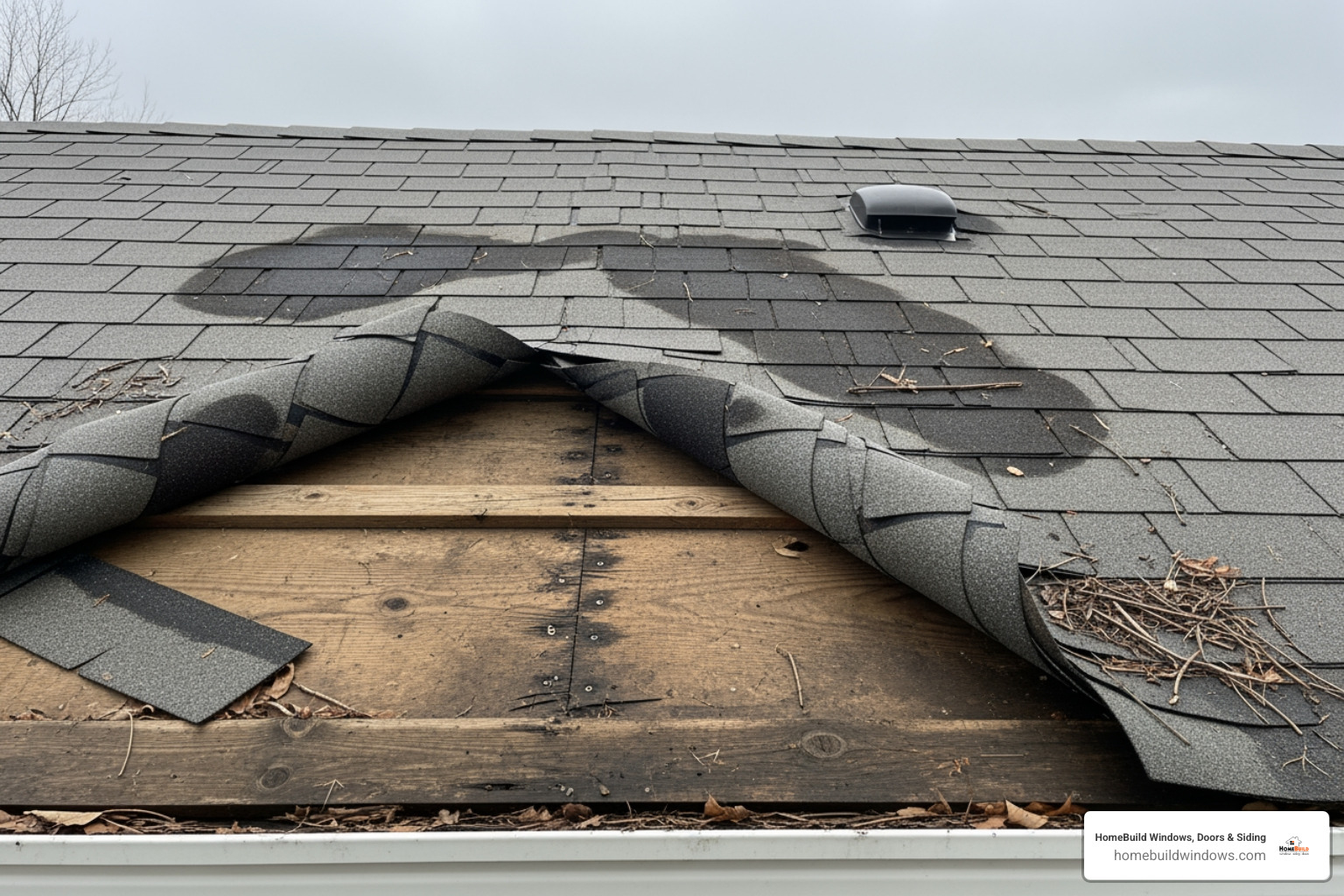 a damaged mobile home roof showing curling shingles and water stains - manufactured home roof replacement