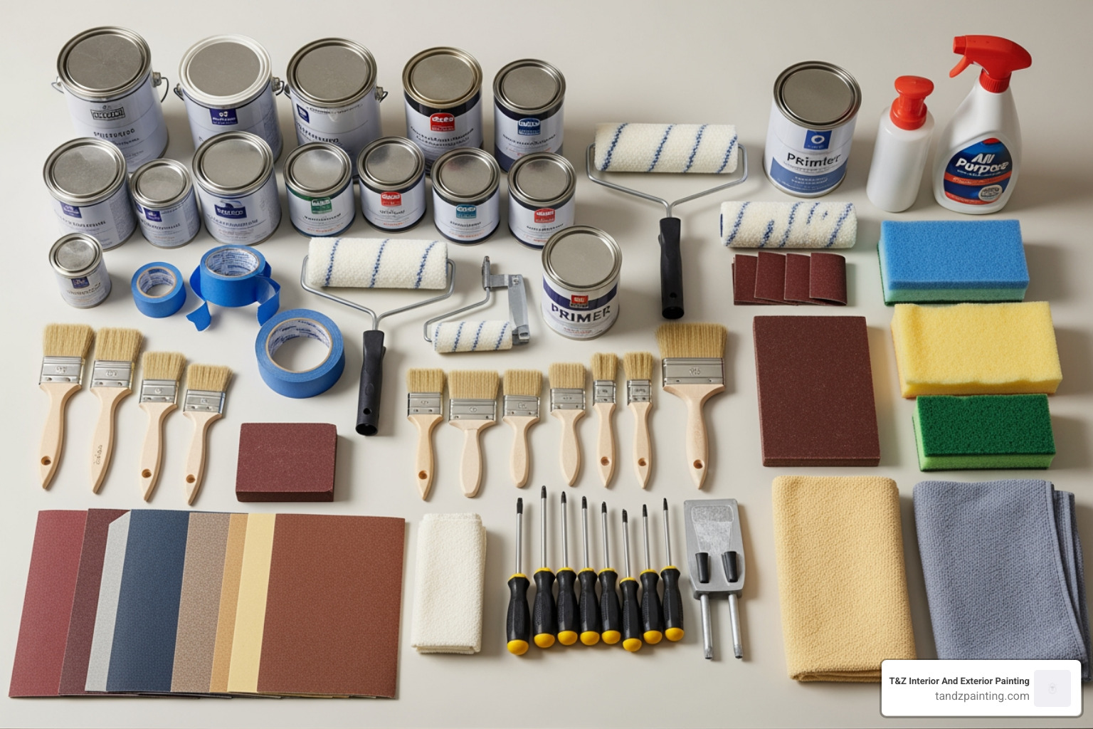 all necessary tools and materials neatly laid out - painting gloss kitchen cabinets
