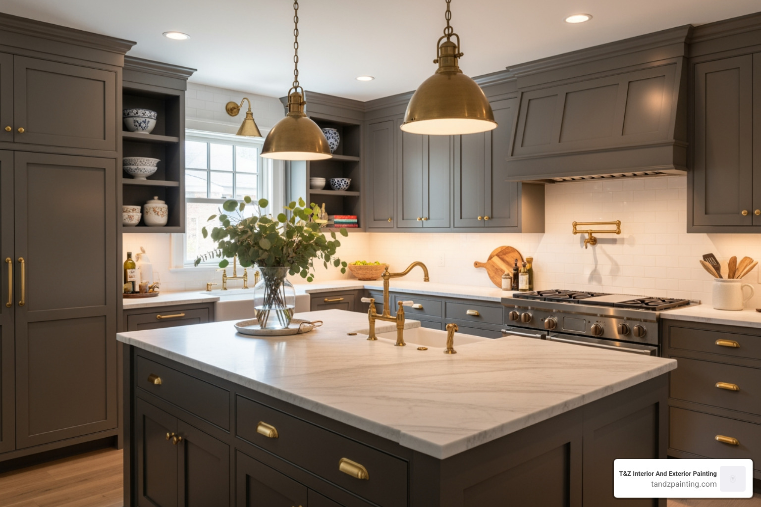 A sophisticated kitchen with dark taupe cabinets, brass hardware, and warm lighting - taupe painted kitchen cabinets