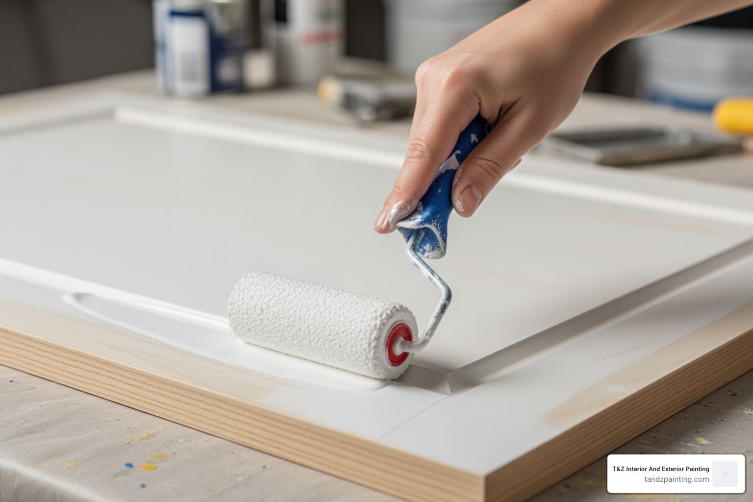 a cabinet door being painted with a foam roller for a smooth finish - painting gloss kitchen cabinets