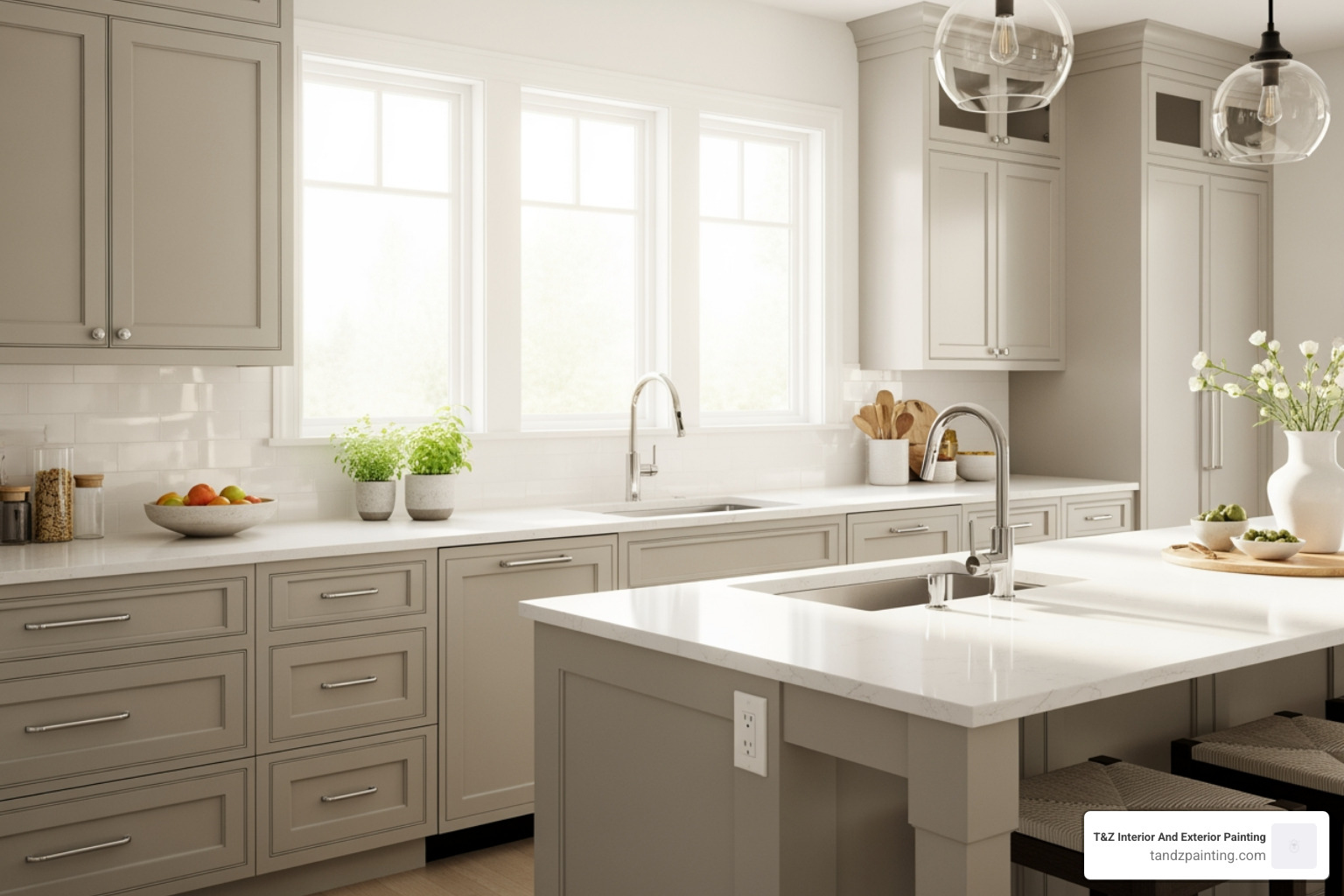 A bright kitchen with light taupe cabinets, white countertops, and natural light pouring in - taupe painted kitchen cabinets
