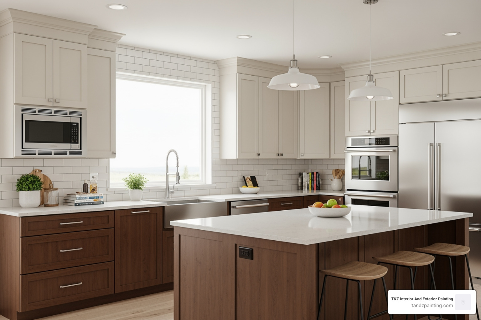 stylish two-tone kitchen with brown lower cabinets and cream upper cabinets - brown painted kitchen cabinets