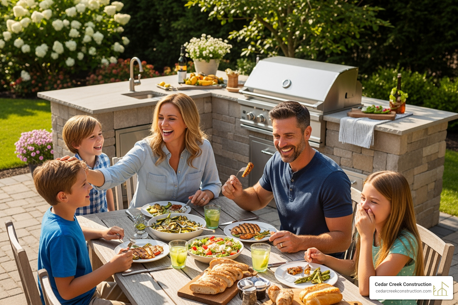 family enjoying paver patio with outdoor kitchen - paver patio Allentown PA