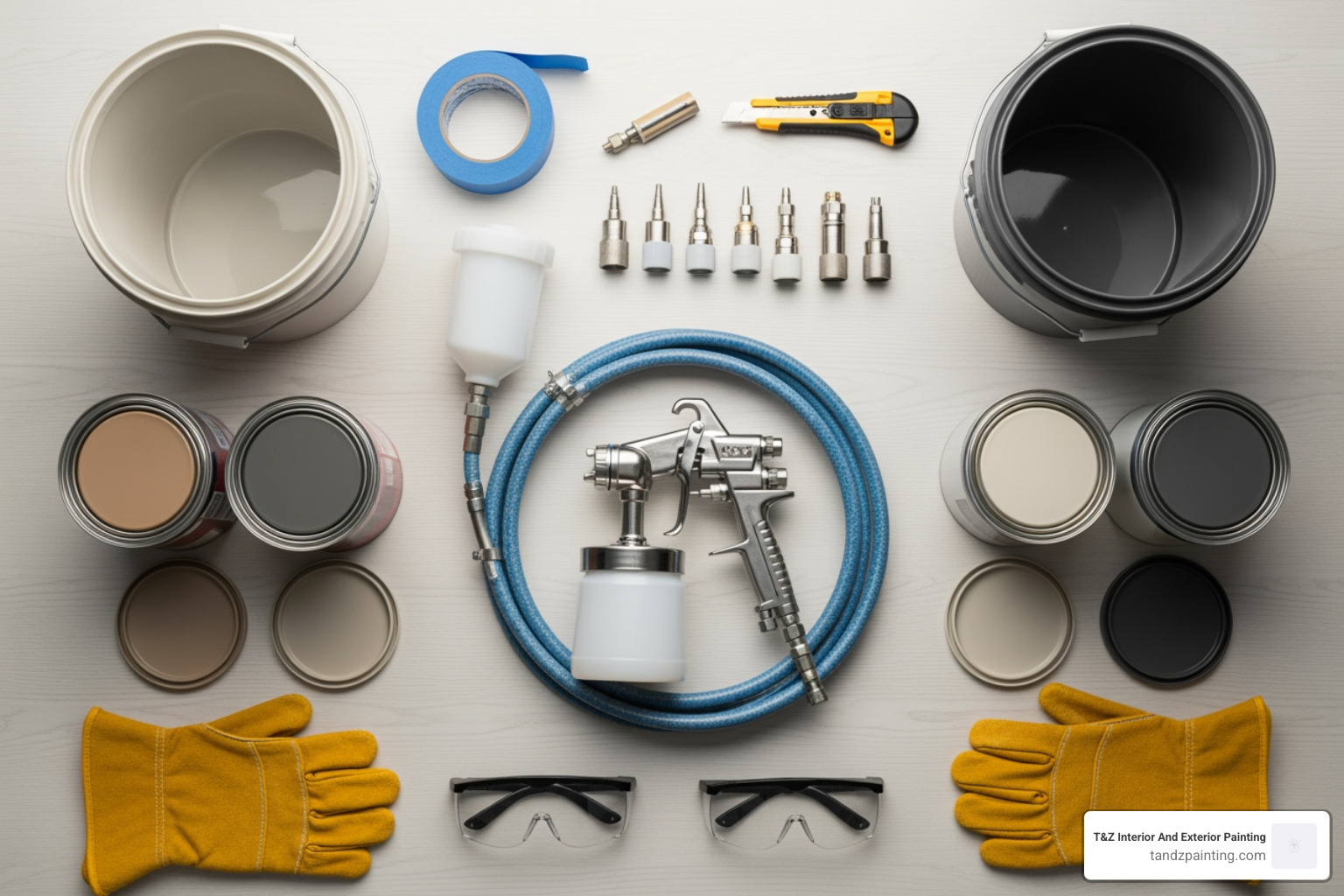 a layout of essential spray painting tools: airless sprayer, tips, paint, buckets, tape, and safety gear - house exterior spray painting