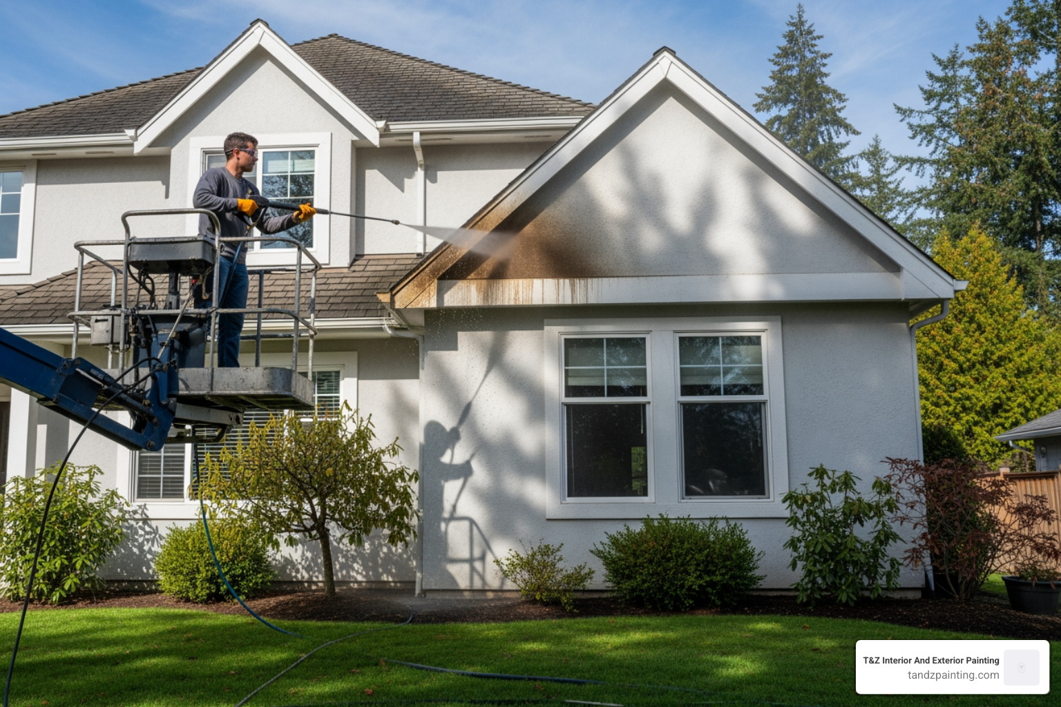 Person pressure washing the eaves of a house - spray painting eaves of house