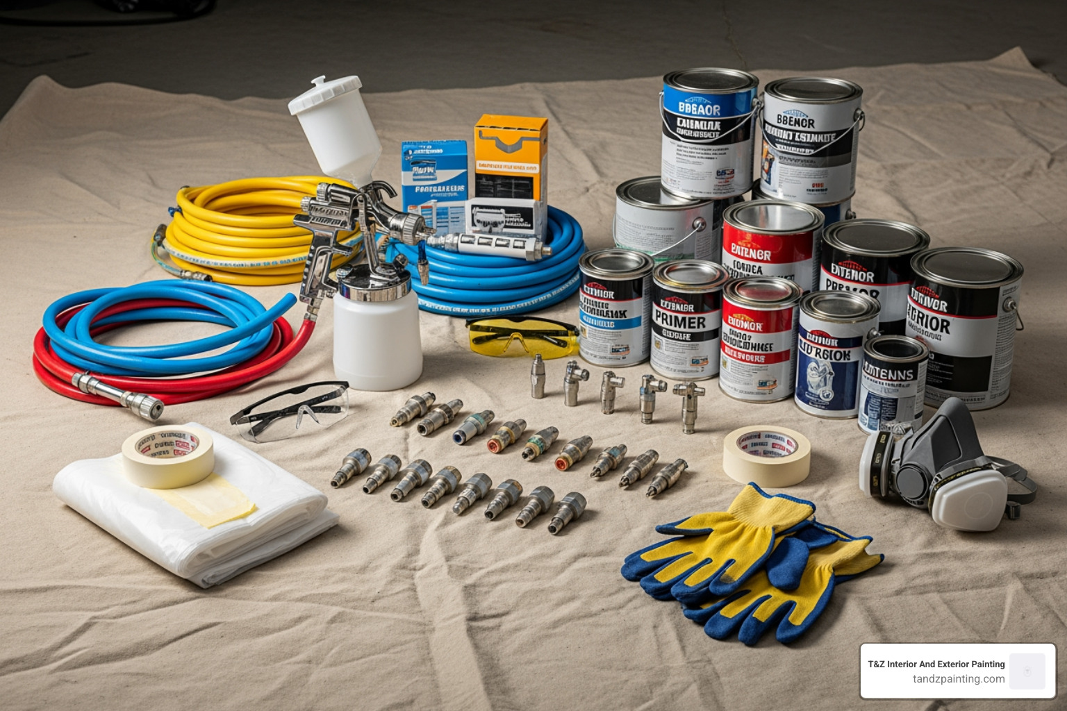 Tools and equipment for spray painting laid out on a drop cloth - spray painting eaves of house