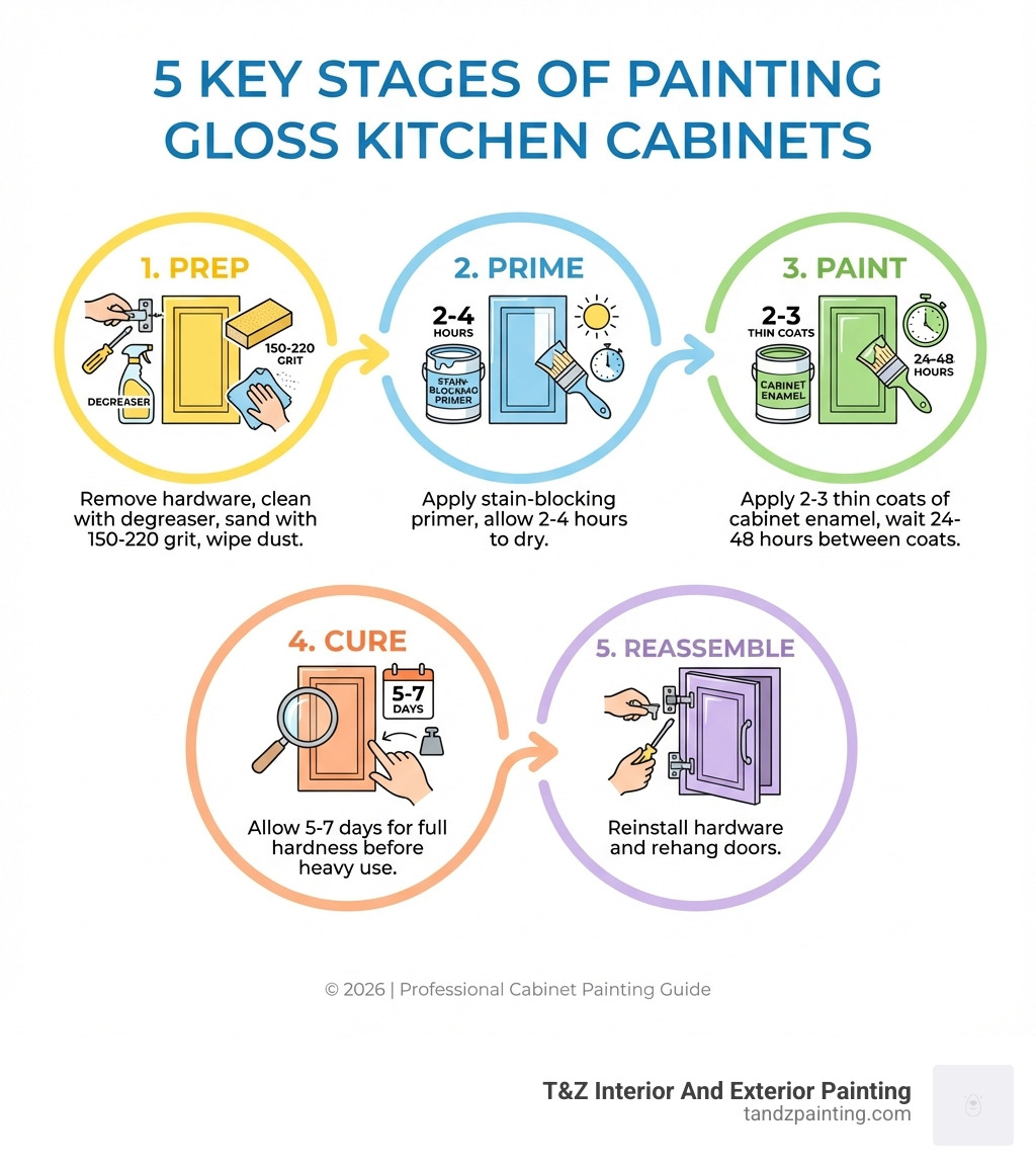 Infographic showing the 5 key stages of painting gloss kitchen cabinets: Stage 1 - Prep (Remove hardware, clean with degreaser, sand with 150-220 grit, wipe dust); Stage 2 - Prime (Apply stain-blocking primer, allow 2-4 hours to dry); Stage 3 - Paint (Apply 2-3 thin coats of cabinet enamel, wait 24-48 hours between coats); Stage 4 - Cure (Allow 5-7 days for full hardness before heavy use); Stage 5 - Reassemble (Reinstall hardware and rehang doors) - painting gloss kitchen cabinets infographic 