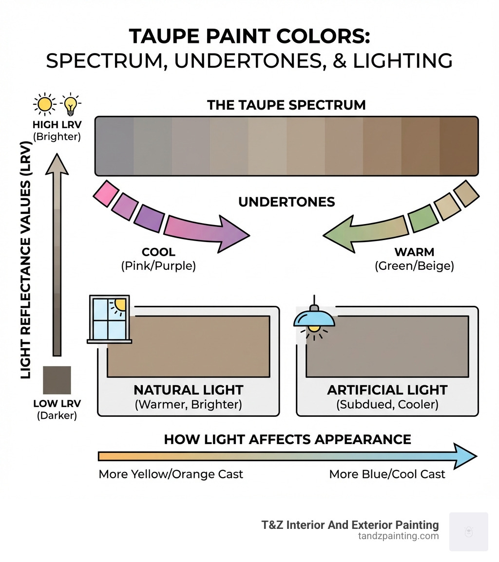 Infographic showing the spectrum of taupe paint colors from cool gray-taupe to warm brown-taupe, with arrows indicating undertones ranging from pink and purple on one end to green and beige on the other, demonstrating how Light Reflectance Values affect brightness and how natural versus artificial lighting changes appearance - taupe painted kitchen cabinets infographic 