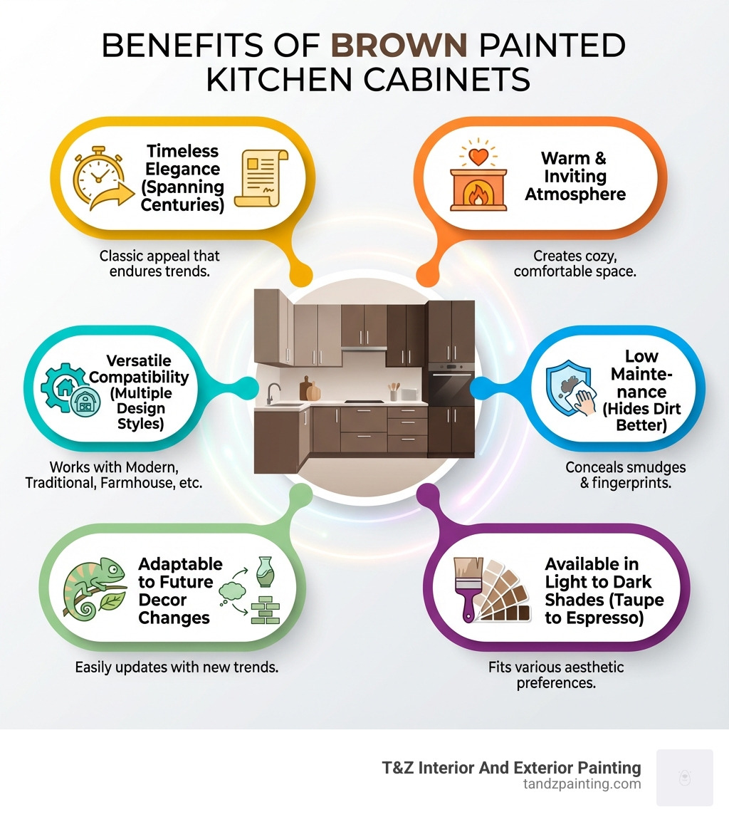 infographic showing benefits of brown painted kitchen cabinets: Timeless elegance spanning centuries, Warm inviting atmosphere, Versatile compatibility with multiple design styles, Low maintenance hiding dirt better than light colors, Adaptable to future decor changes, Available in light browns like taupe to dark browns like espresso - brown painted kitchen cabinets infographic 