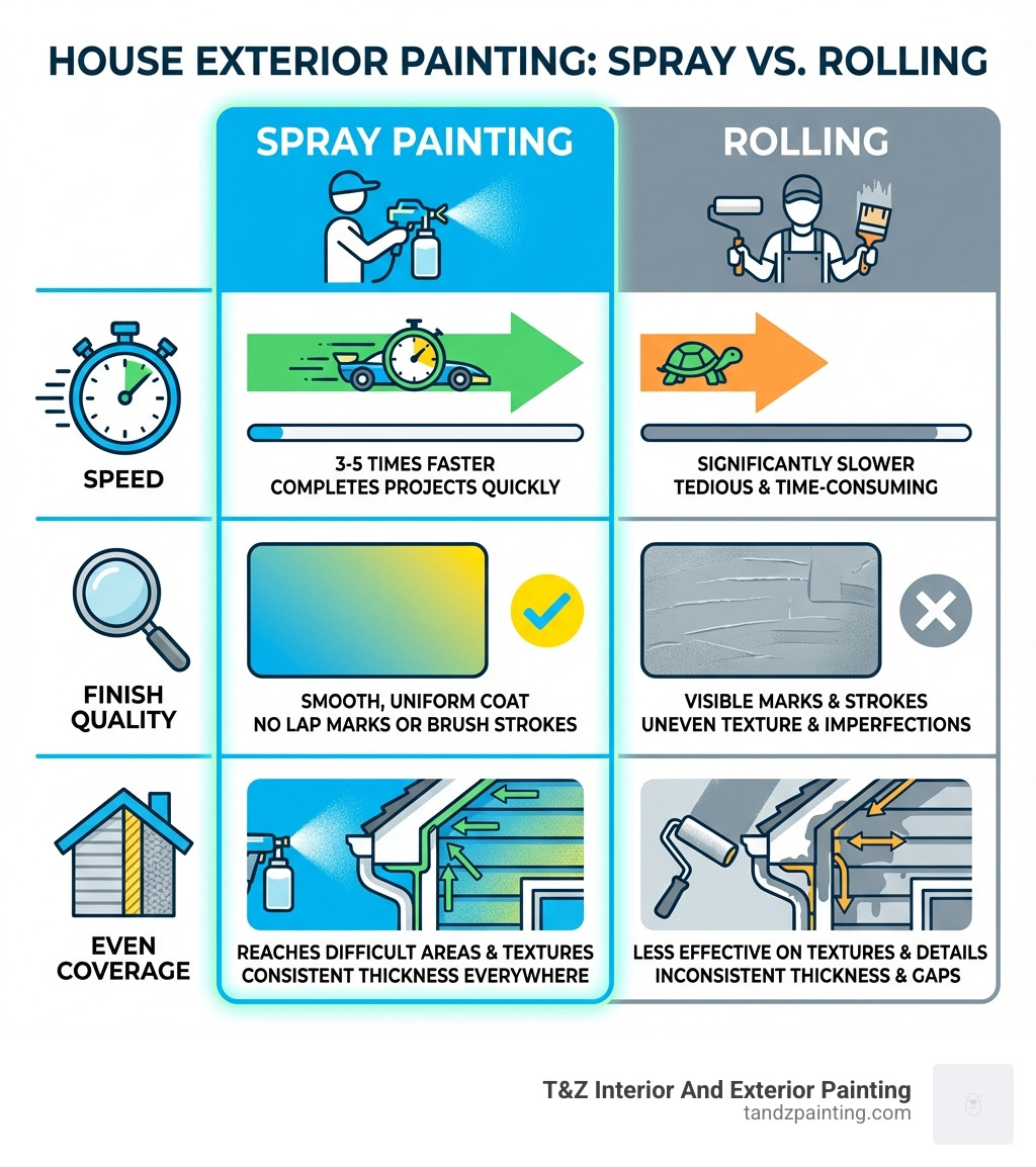 Infographic comparing spray painting versus rolling for house exteriors, showing three key advantages: Speed - spray painting completes projects 3-5 times faster than rolling, Finish Quality - spray painting creates a smooth uniform coat without lap marks or brush strokes, and Even Coverage - spray painting reaches difficult areas and textures more effectively with consistent coating thickness across all surfaces - house exterior spray painting infographic 