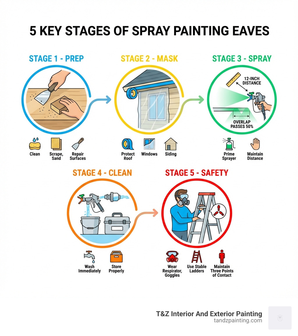 Infographic showing the 5 key stages of spray painting eaves: Stage 1 - Prep (clean, scrape, sand, repair surfaces), Stage 2 - Mask (protect roof, windows, and siding with tape and plastic), Stage 3 - Spray (prime sprayer, maintain 12-inch distance, overlap passes 50%), Stage 4 - Clean (wash sprayer immediately, store properly), Stage 5 - Safety (wear respirator and goggles, use stable ladders, maintain three points of contact) - spray painting eaves of house infographic 