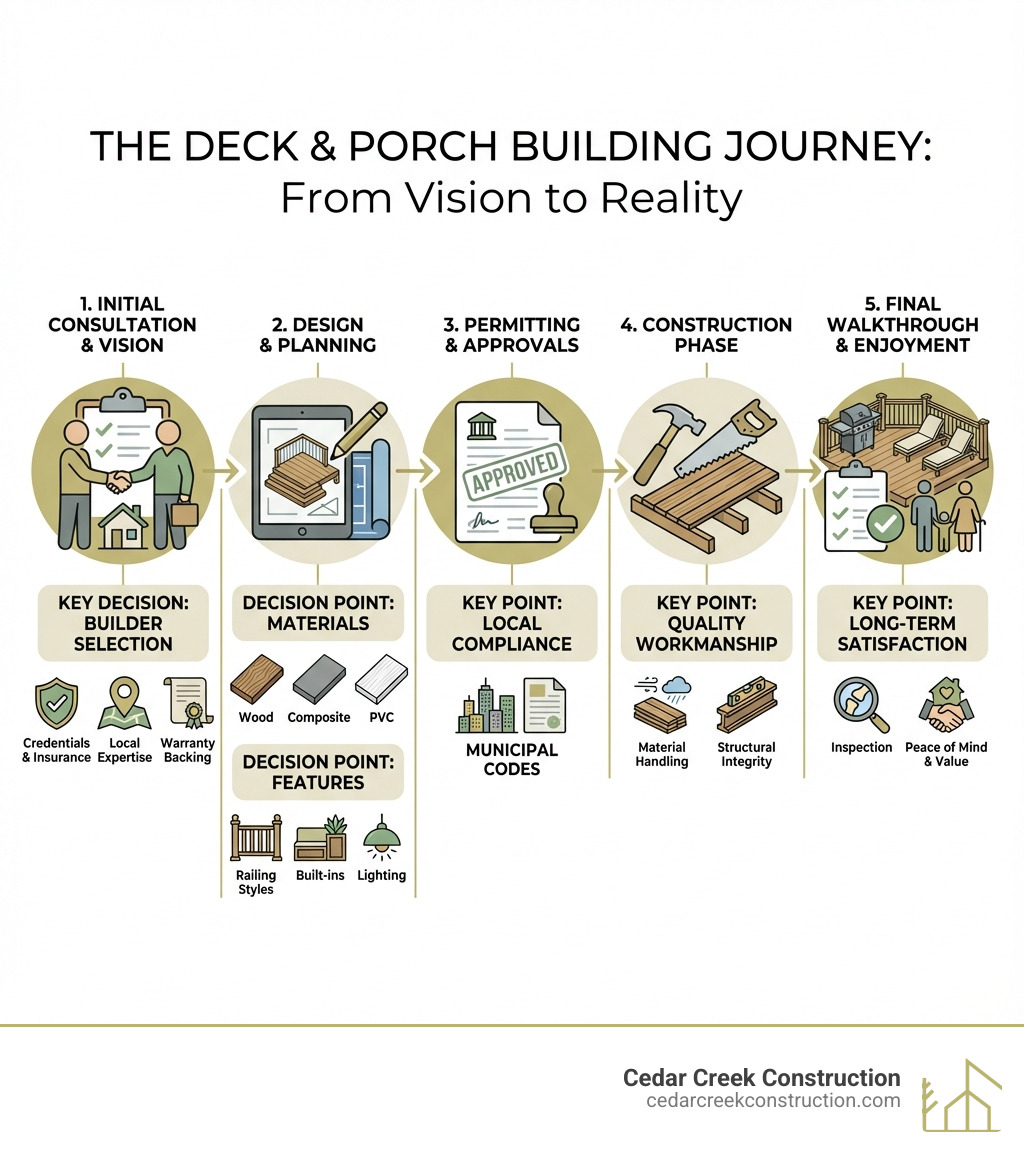 infographic showing the complete deck and porch building process from initial consultation through design, permitting, construction, and final walkthrough, with key decision points for materials, features, and builder selection criteria - deck and porch builder infographic infographic showing the complete deck and porch building process from initial consultation through design, permitting, construction, and final walkthrough, with key decision points for materials, features, and builder selection criteria - deck and porch builder infographic