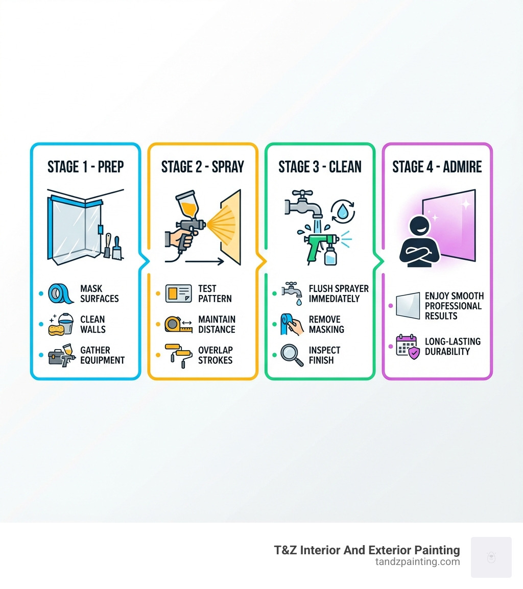 Infographic showing the 4 main stages of interior spray painting: Stage 1 - Prep (mask surfaces, clean walls, gather equipment), Stage 2 - Spray (test pattern, maintain distance, overlap strokes), Stage 3 - Clean (flush sprayer immediately, remove masking, inspect finish), Stage 4 - Admire (enjoy smooth professional results, long-lasting durability) - spray painting house interior infographic 