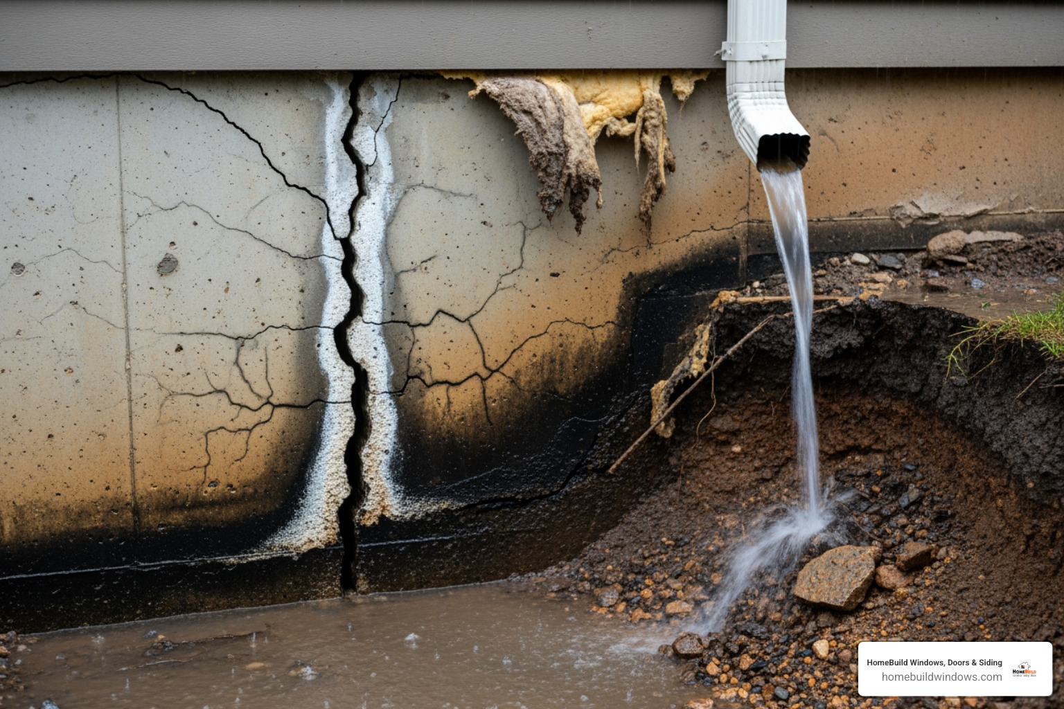 A cracked home foundation near a downspout, showing clear signs of water damage - guttering replacement near me