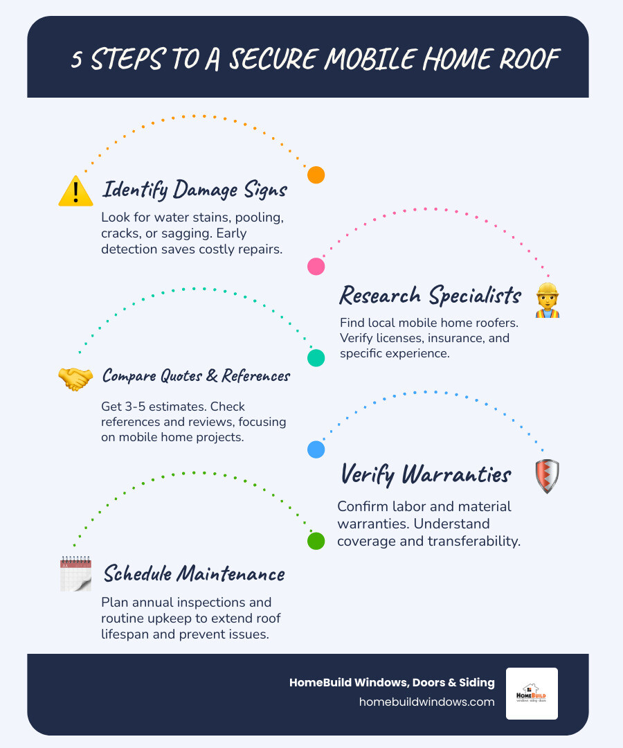 Infographic showing 5 key steps: 1. Identify roof damage signs like water stains and pooling water, 2. Research local mobile home roofing specialists with proper licensing, 3. Compare quotes and check references from 3-5 contractors, 4. Verify warranties covering both labor and materials, 5. Schedule regular annual inspections and maintenance - mobile home roofers near me infographic infographic-line-5-steps-blues-accent_colors