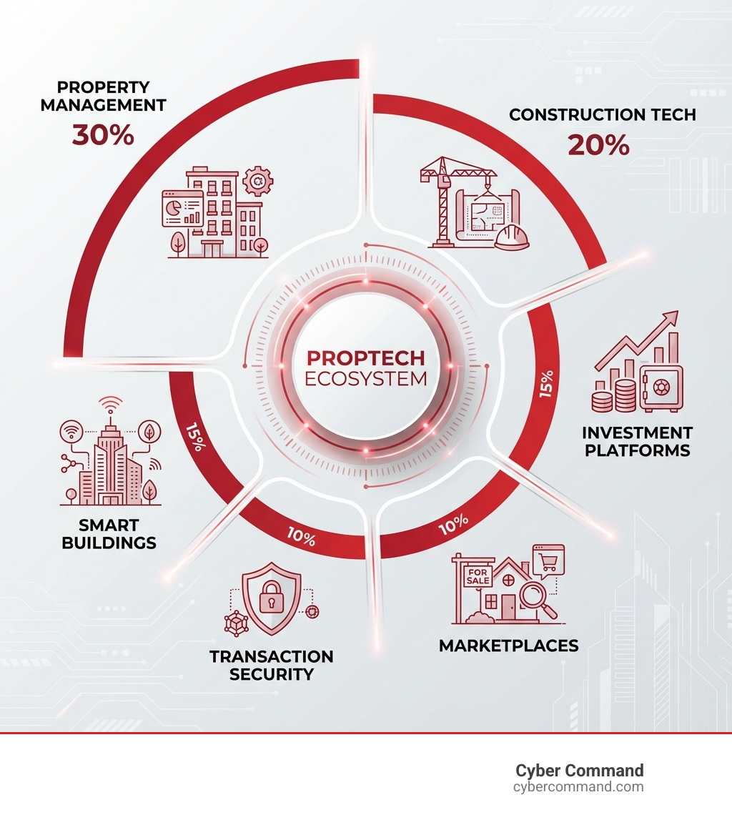 infographic showing the PropTech ecosystem with categories: Property Management (30%), Construction Tech (20%), Investment Platforms (15%), Smart Buildings (15%), Transaction Security (10%), Marketplaces (10%) - tech real estate companies infographic 