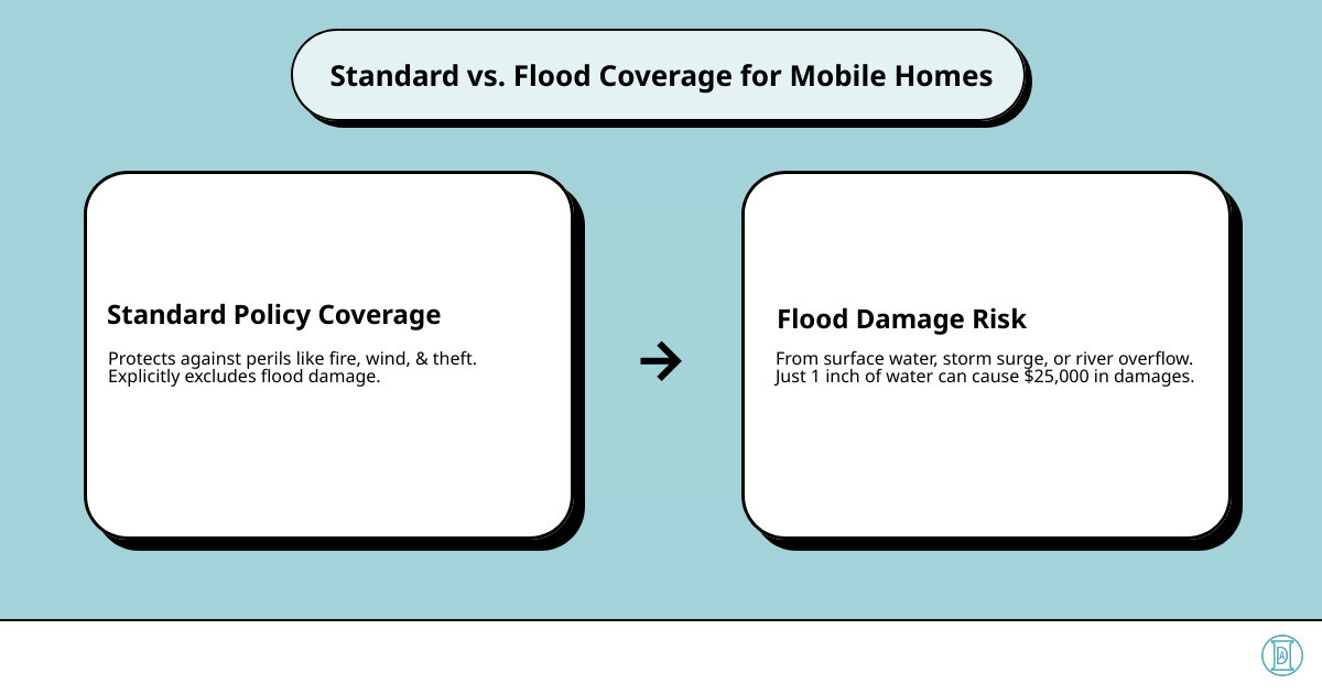 infographic showing standard mobile home insurance policy with covered perils like fire, wind, and theft on one side, and excluded flood damage from surface water, storm surge, and river overflow on the other side, with a cost breakdown showing one inch of water equals up to $25,000 in damages - mobile home flood insurance cost infographic cause_effect_text
