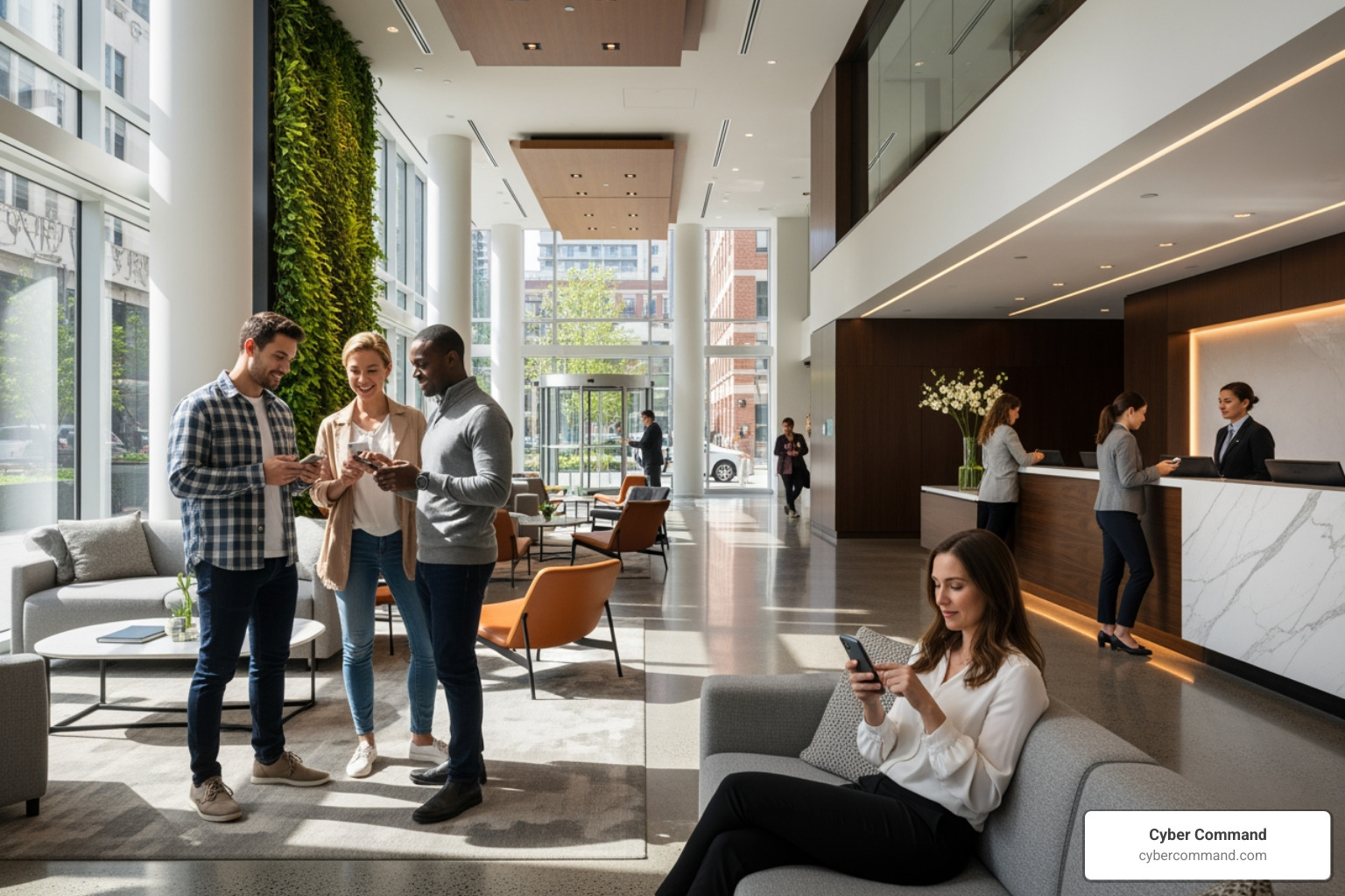 modern hotel lobby with guests using mobile check-in - Hospitality IT solutions