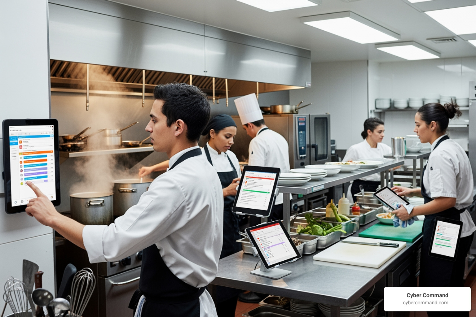 busy restaurant kitchen using tablets for orders - Hospitality IT solutions