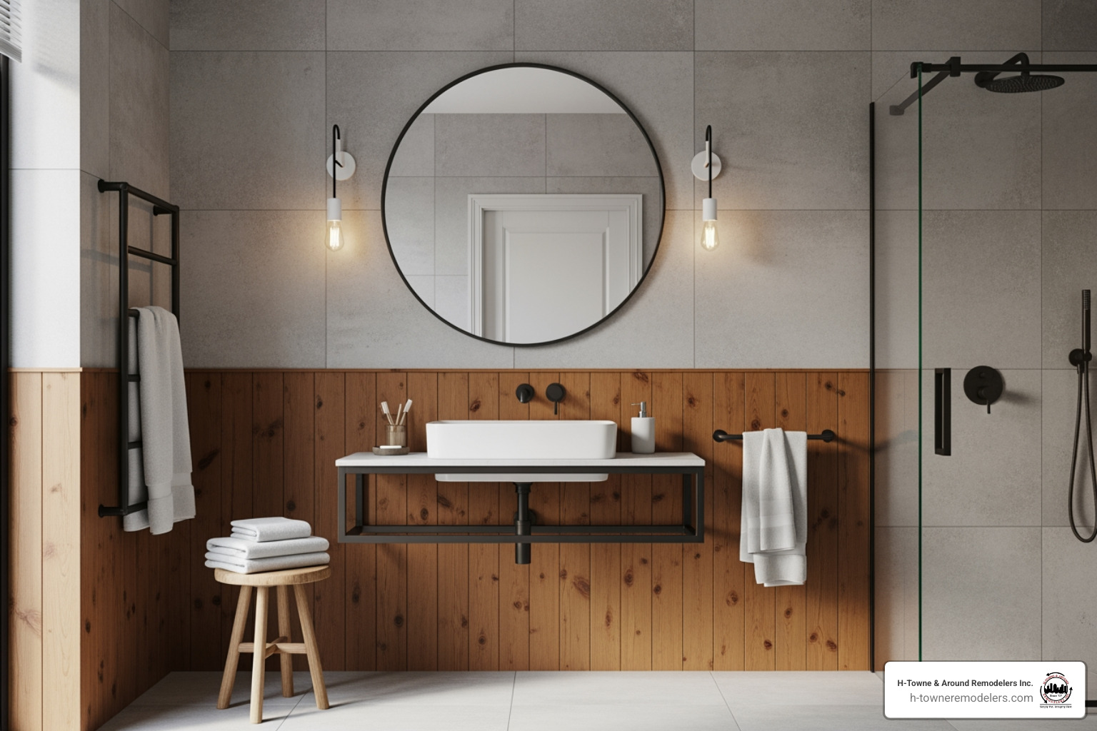stylish guest bathroom showcasing a mix of textures like wood, tile, and metal - guest bathroom remodel