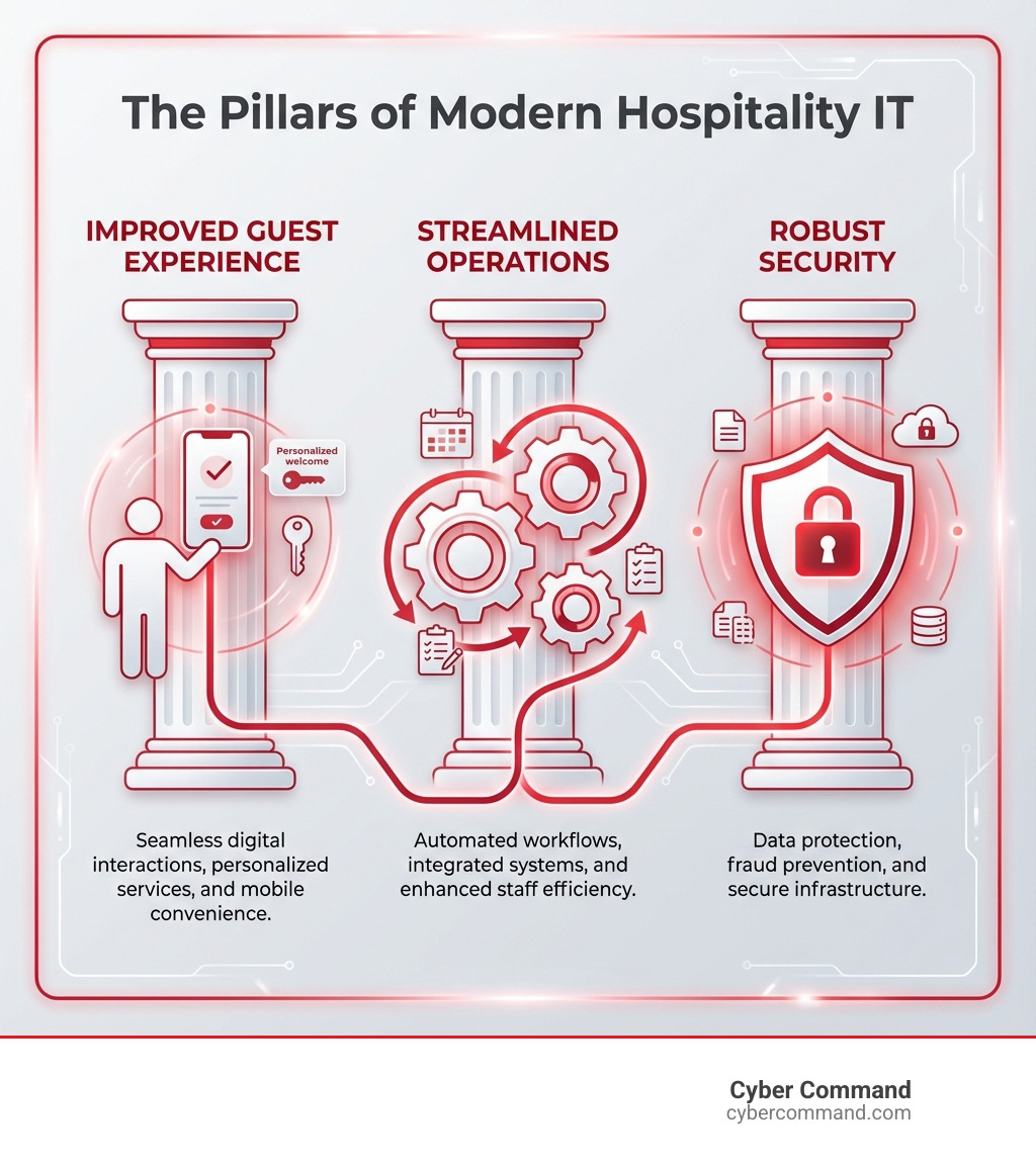 Infographic showing three pillars of modern hospitality IT: a guest icon with mobile device representing Improved Guest Experience, interconnected gears representing Streamlined Operations, and a shield with lock representing Robust Security - Hospitality IT solutions infographic 