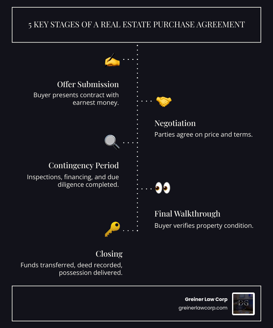Infographic showing the five key stages of a real estate purchase agreement: 1) Offer Submission - buyer presents contract with earnest money, 2) Negotiation - parties agree on price and terms, 3) Contingency Period - inspections, financing, and due diligence completed, 4) Final Walkthrough - buyer verifies property condition, 5) Closing - funds transferred, deed recorded, possession delivered - contract for selling a house infographic infographic-line-5-steps-dark