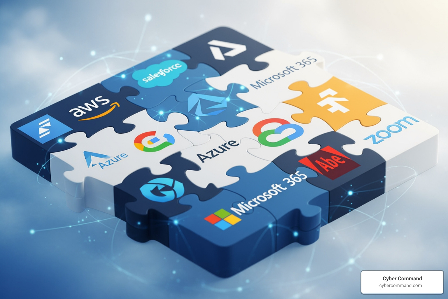 various cloud service and software logos forming a cohesive puzzle - Cost-effective IT solutions