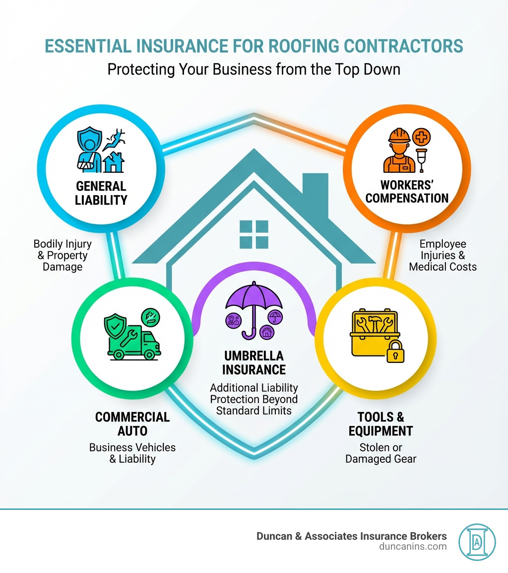 infographic showing five essential insurance types for roofing contractors: General Liability covering bodily injury and property damage, Workers Compensation for employee injuries and medical costs, Commercial Auto for business vehicles and liability, Tools and Equipment for stolen or damaged gear, and Umbrella Insurance for additional liability protection beyond standard limits - commercial insurance for roofers infographic 