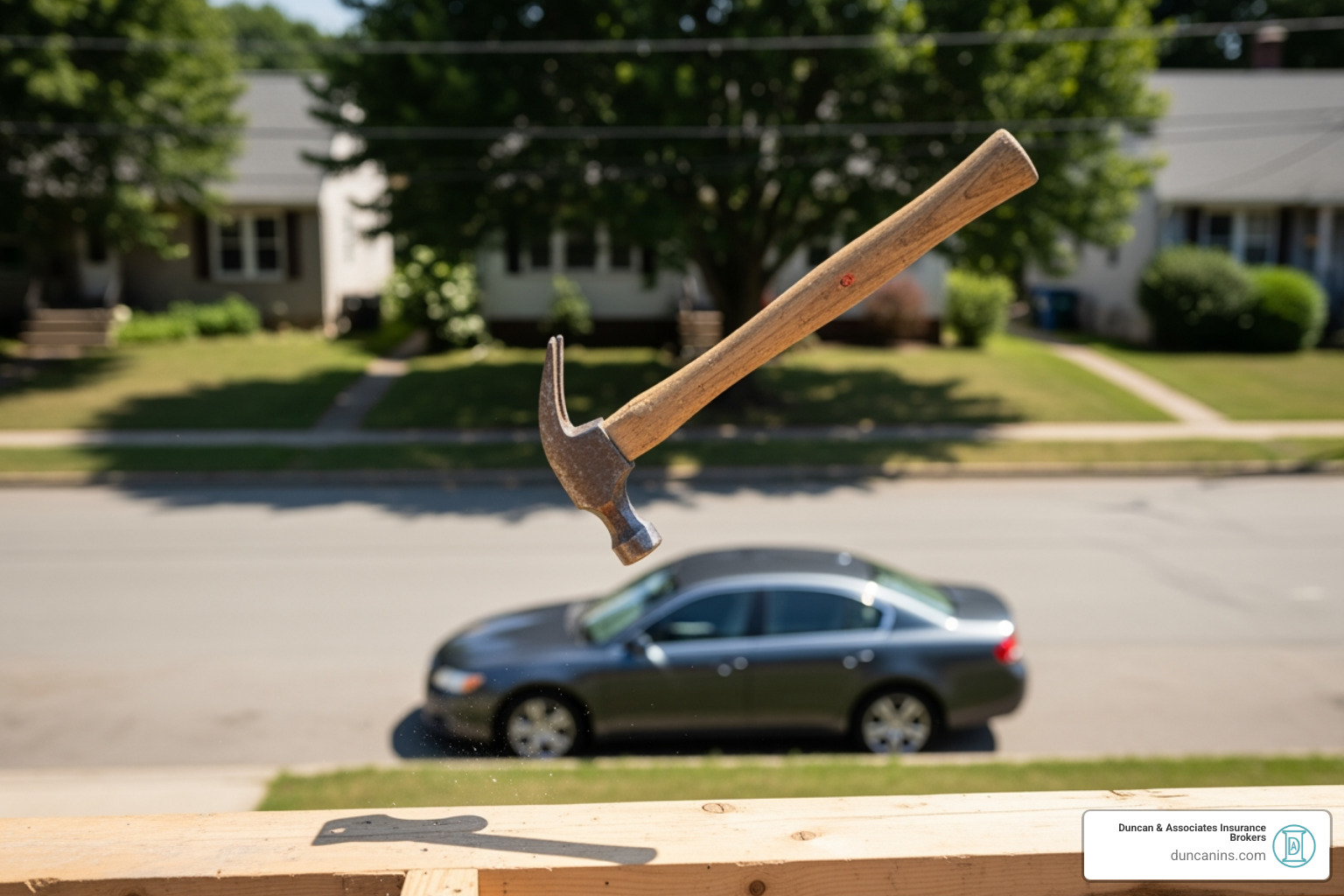 a construction worker's tool falling from a roof, narrowly missing a parked car below, illustrating a common roofing hazard - commercial insurance for roofers