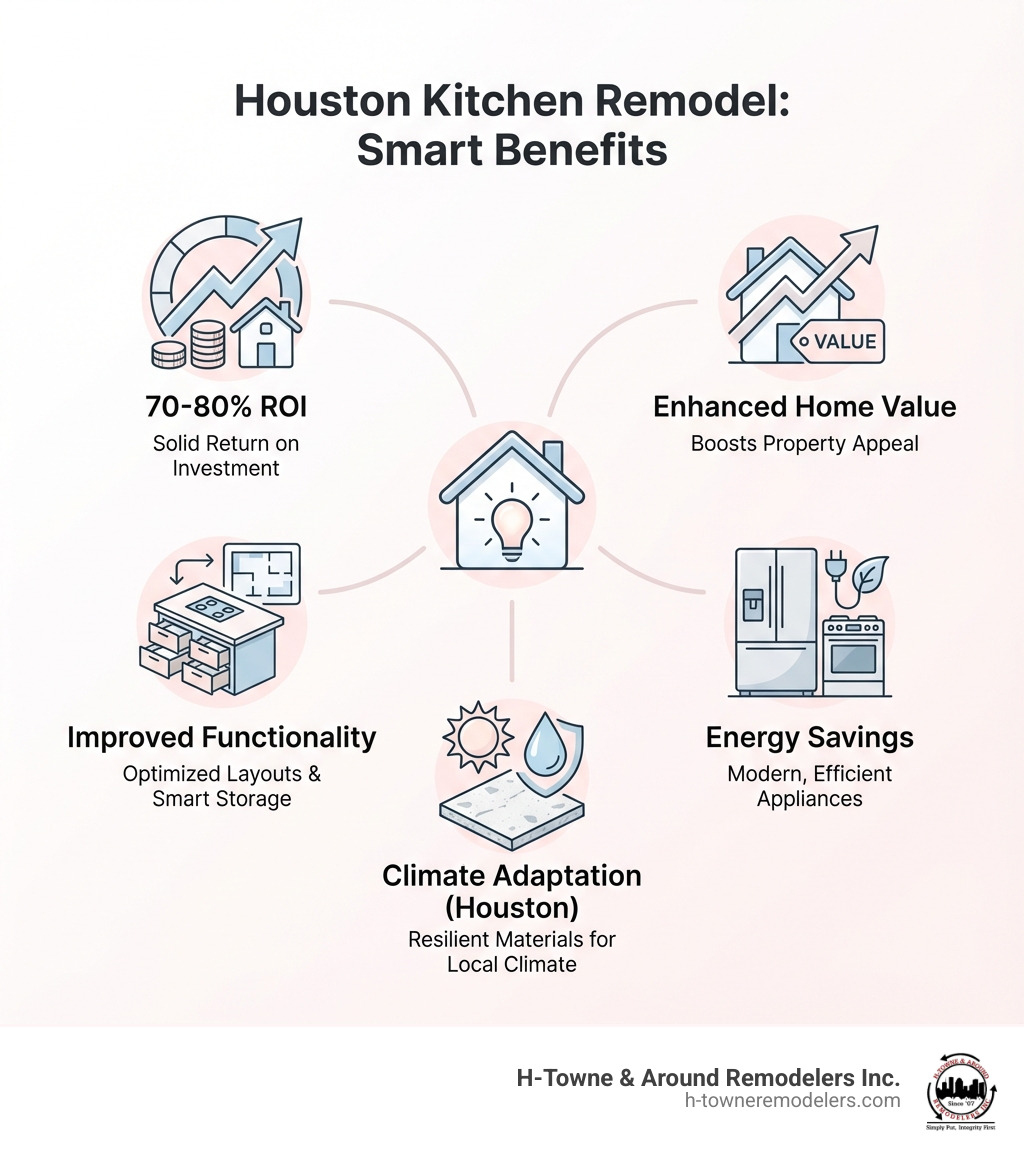 infographic showing kitchen remodel benefits in Houston including 70-80% ROI, improved functionality with better layouts and storage, energy savings from modern appliances, enhanced home value, and adaptation to Houston's climate with durable materials - kitchen remodel houston tx infographic 